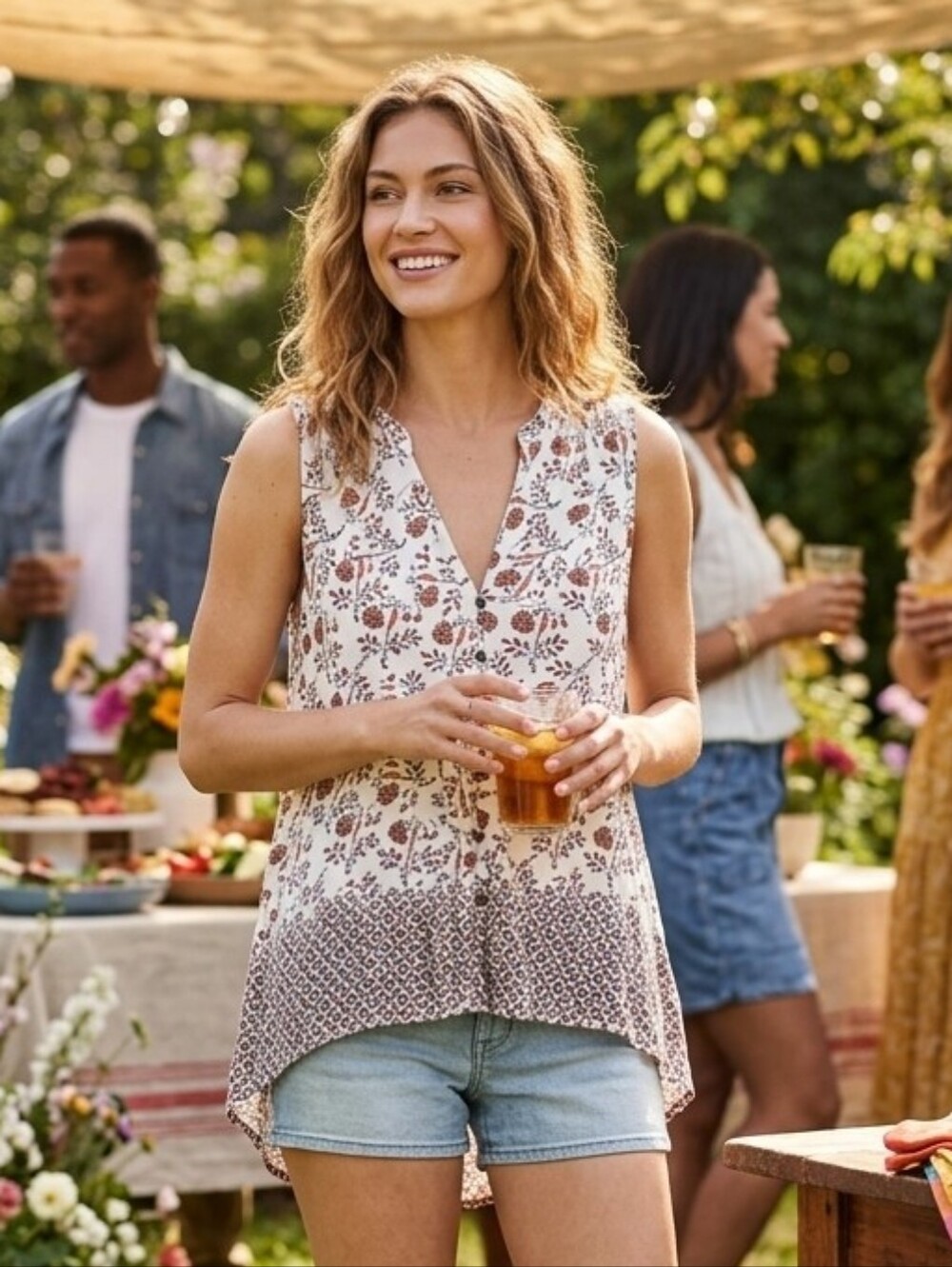 Lucky Brand Women's Boho White Sleeveless Floral V-Neck Women's Top Size Small